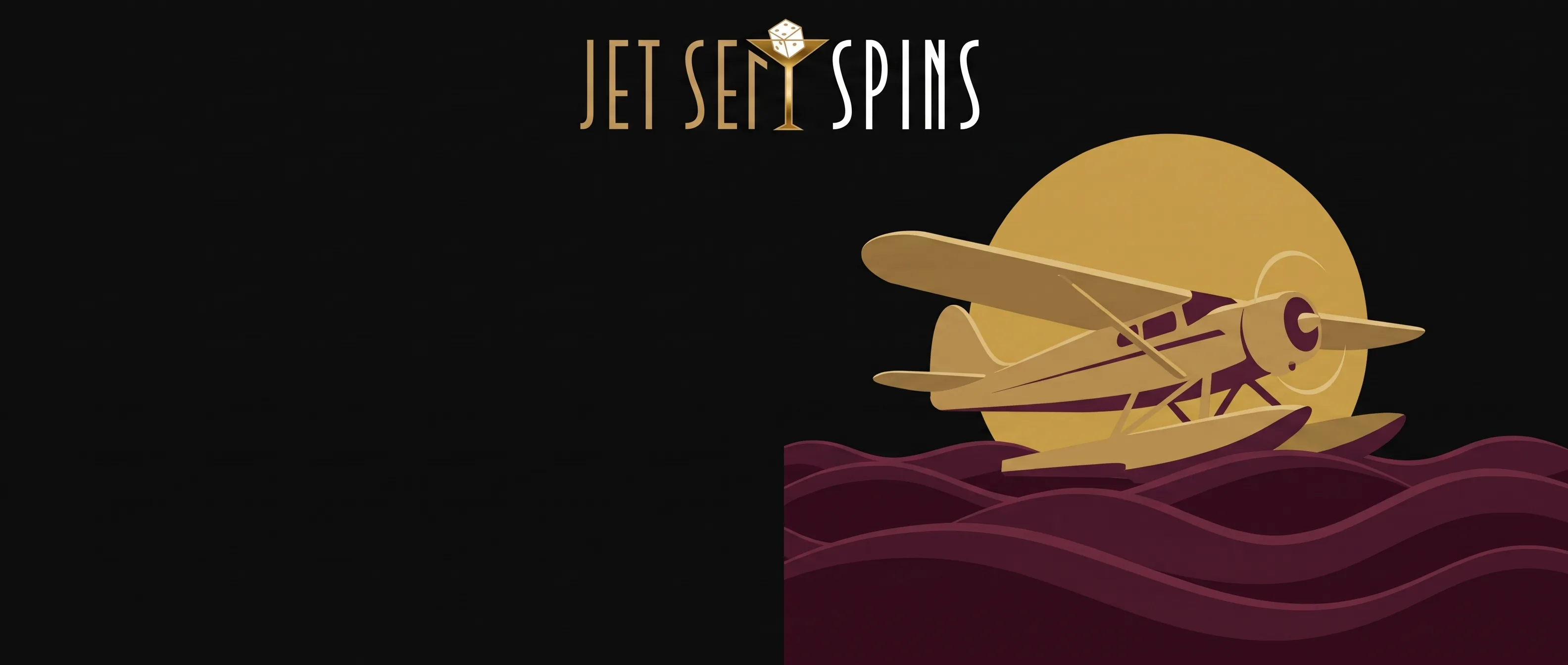A golden seaplane above burgundy waves, with the Jet Set Spins wordmark