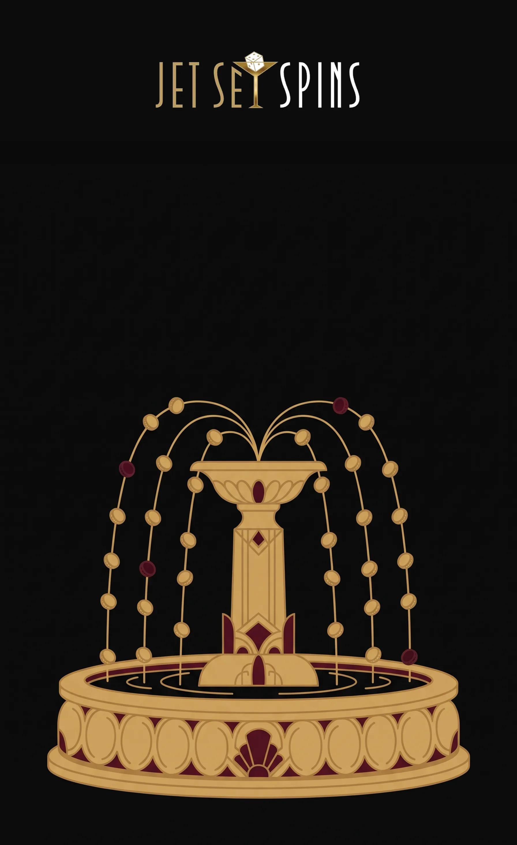 A gold and burgundy fountain with coins and the Jet Set Spins wordmark